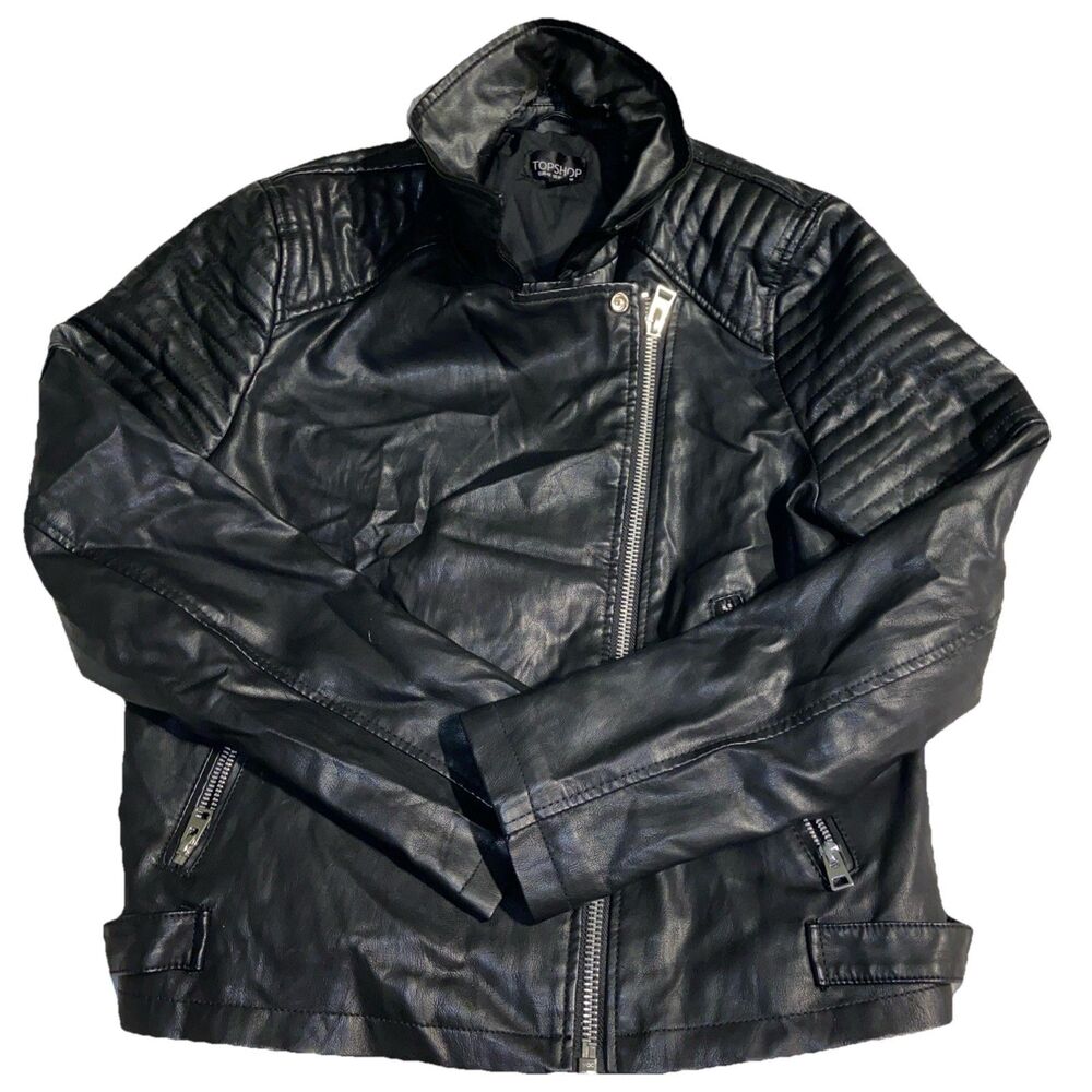 Topshop Black Faux Leather Biker Jacket With Zip Pockets Size US 10 UK 14 EUR 42